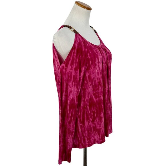 Michael Kors Pink Tie Dye Cold Shoulder Top | Vegan Leather Straps Mob Wife Glam - Picture 7 of 14